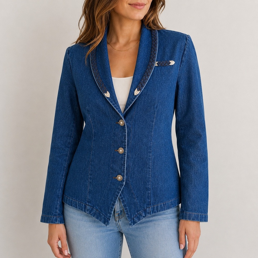 Simply Barbara of Colorado Womens Medium Denim Blazer Western Braided Trim Blue